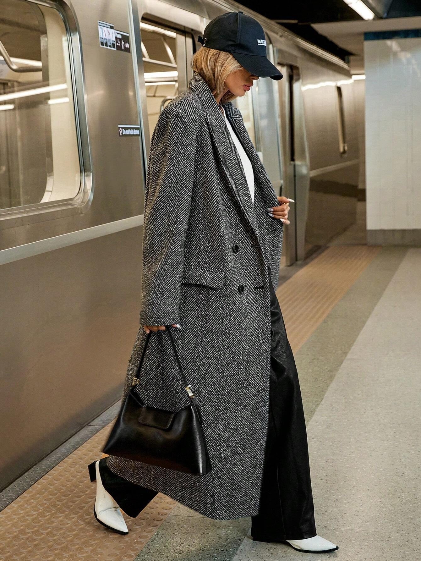 Women's Herringbone Lapel Long Sleeved Coat