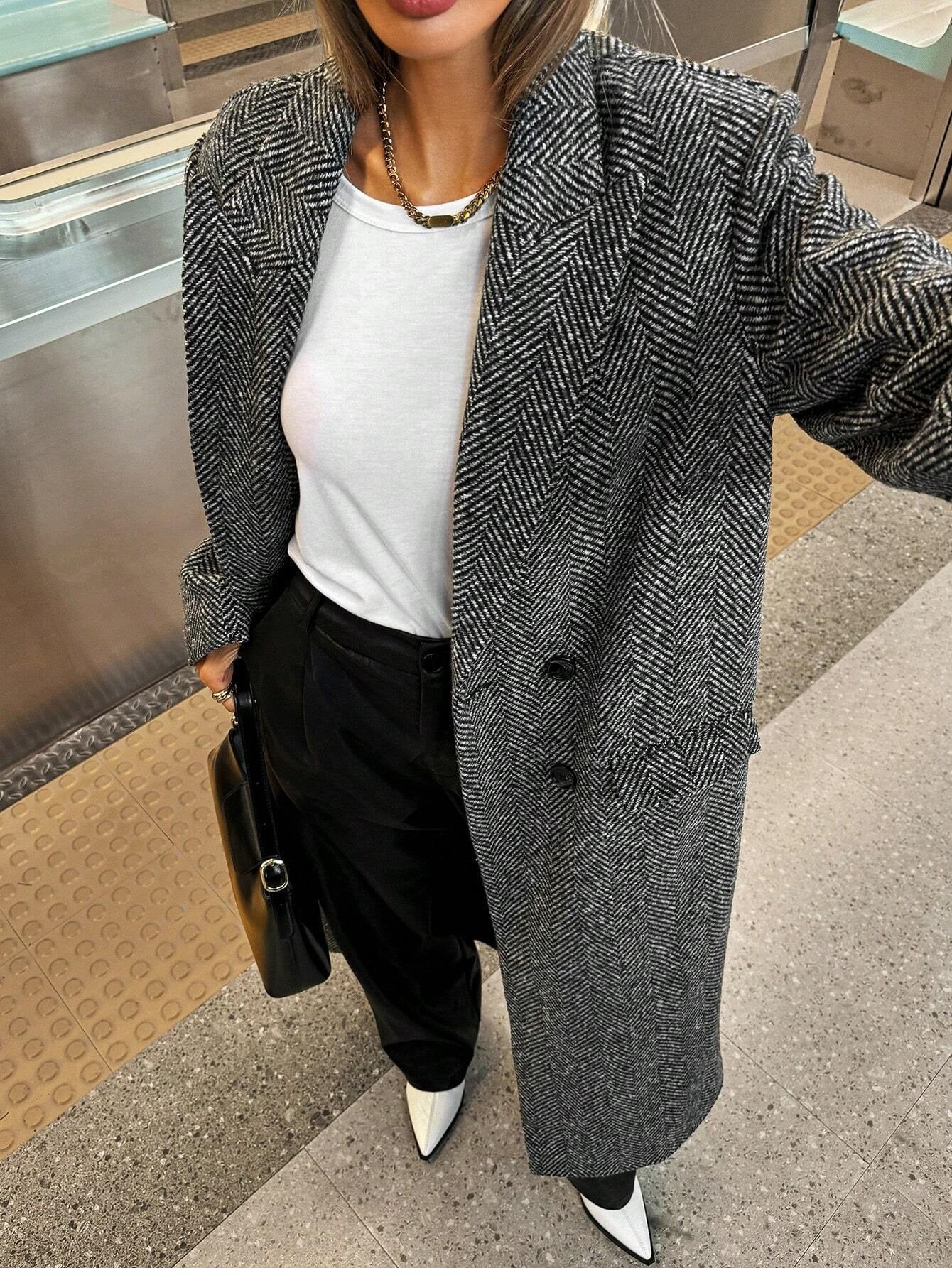 Women's Herringbone Lapel Long Sleeved Coat